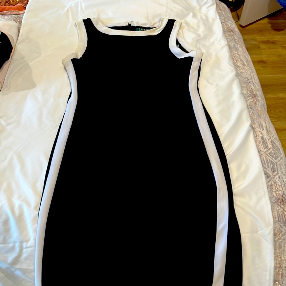 Ralph Lauren, black and white business dress, scoop, neckline